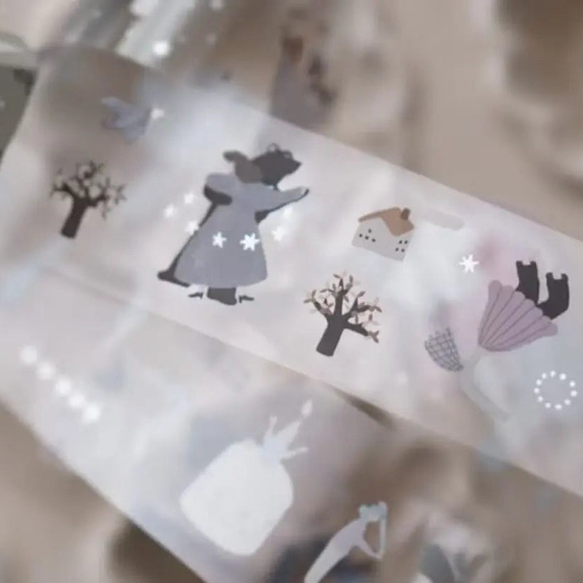 Strip of Girls Poetry PET Tape illustrations with silver accents on a softly blurred backdrop