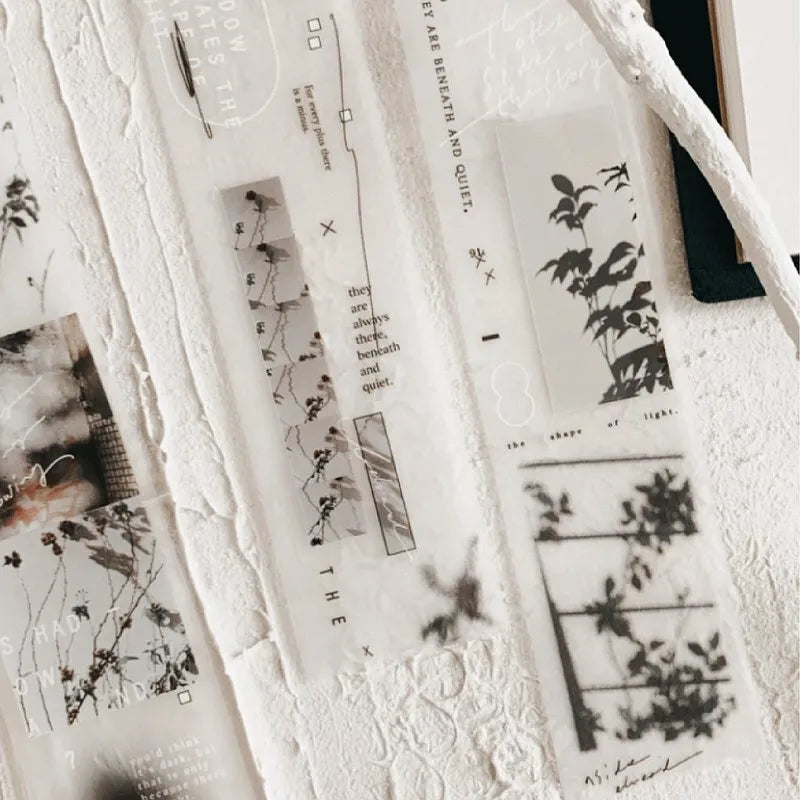 Glimpses of Light and Shadow PET Tape cards with text and plant motifs on textured white