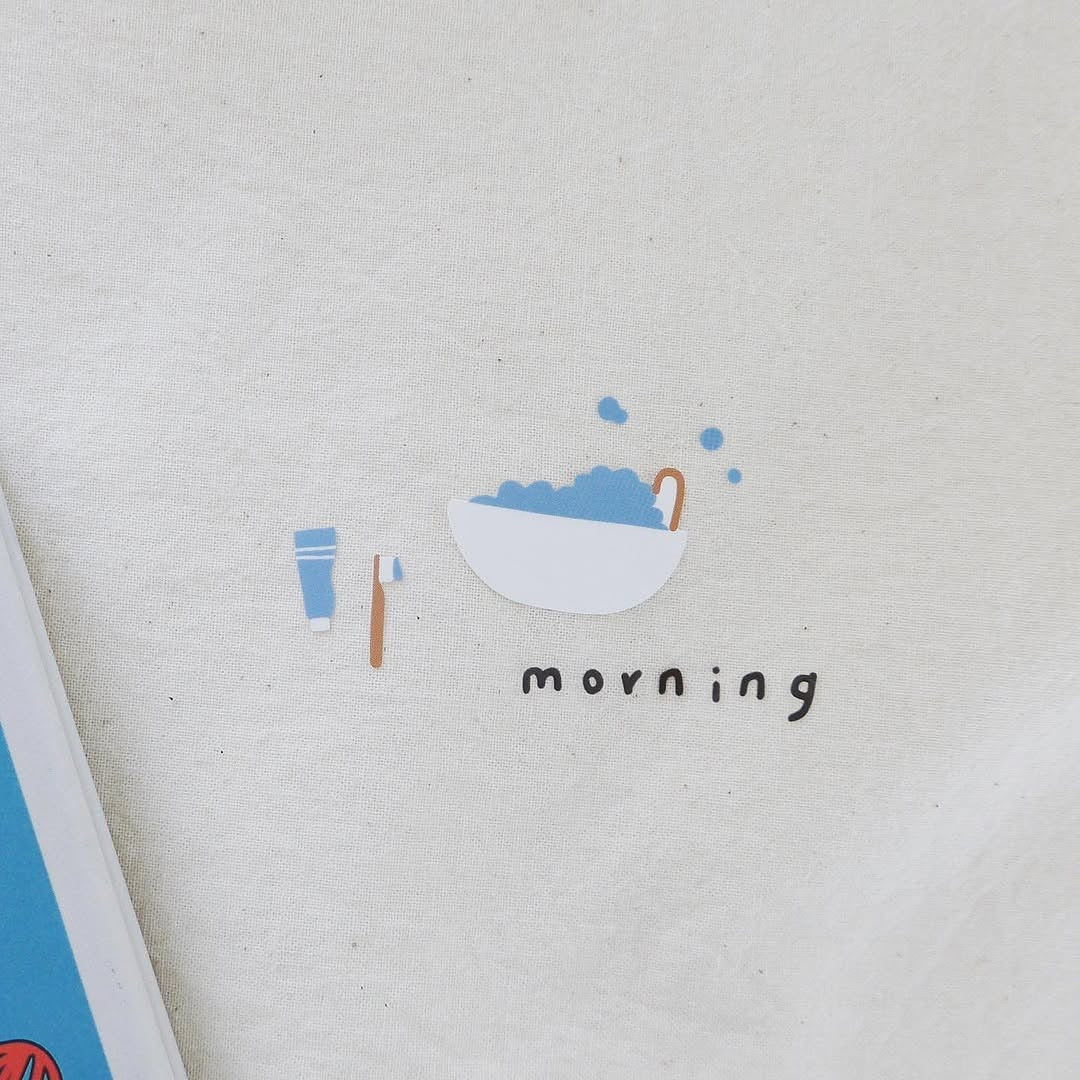 Cereal bowl, toothbrush and cup stickers with 'morning' text, from the Good Morning! Sticker Sheet