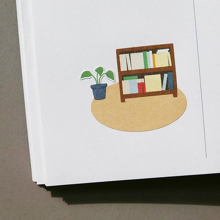 Illustration of a bookshelf with books and a plant, from the Grandpa's Room Sticker Sheet