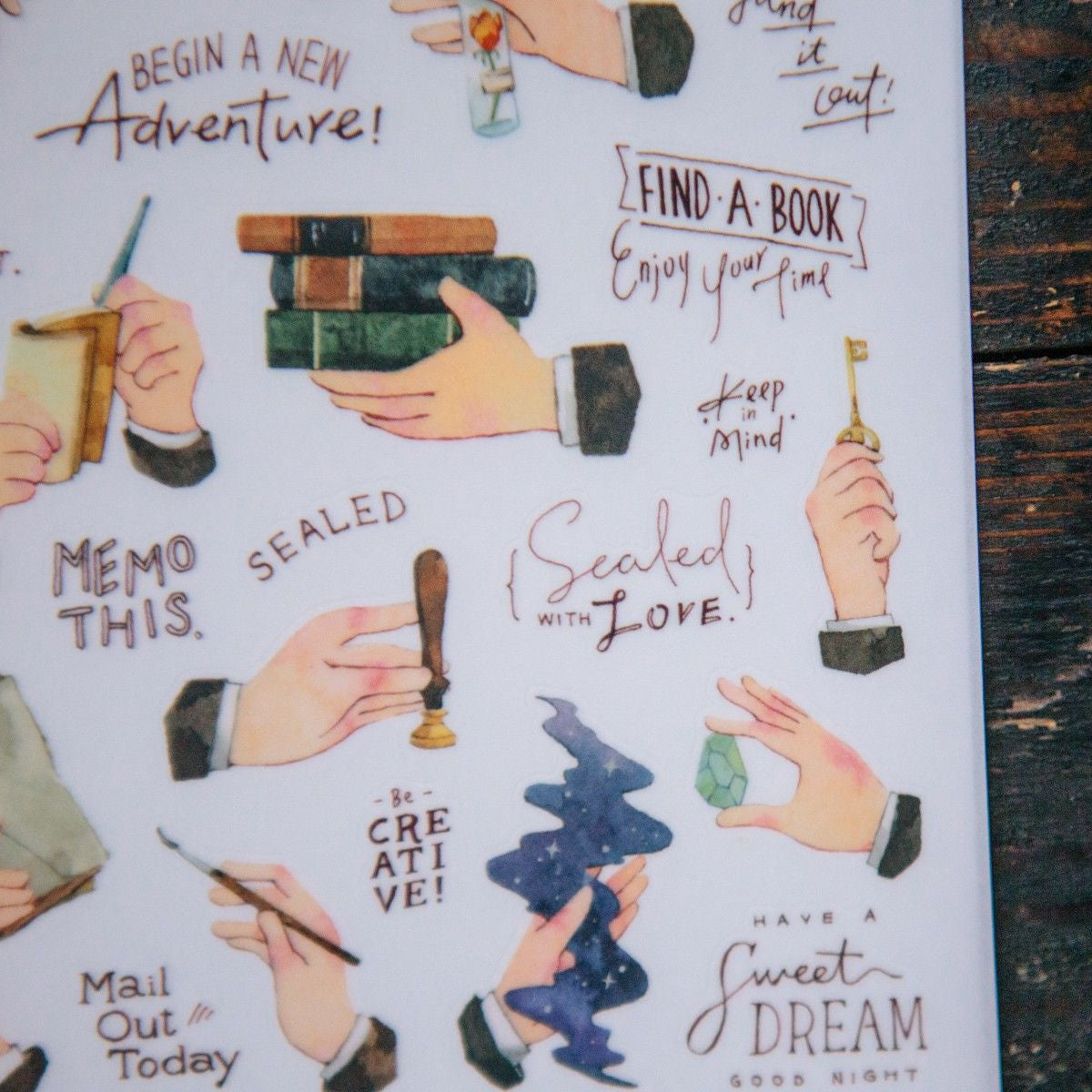 Hands Transfer Sticker hands holding books and letters with motivational text on wood