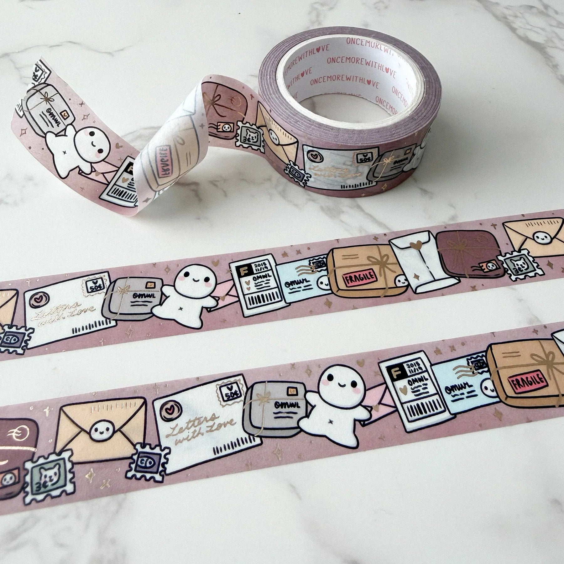 Happy Mail Flatlay Washi Tape by OnceMoreWithLove, 18mm mail-themed roll with bronze foil accents