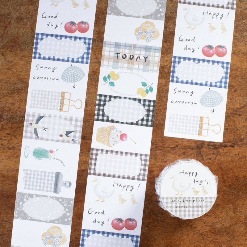 Happy Day Sticky Memo Label Sticker Tape strips with assorted designs on a wooden surface