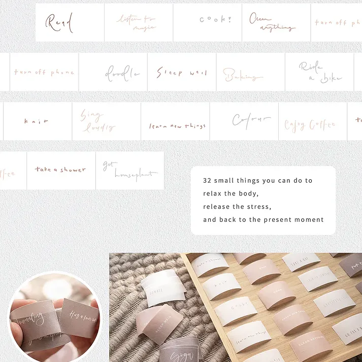 Collection of Healer Washi Tape affirmation card pieces arranged on a textured craft surface