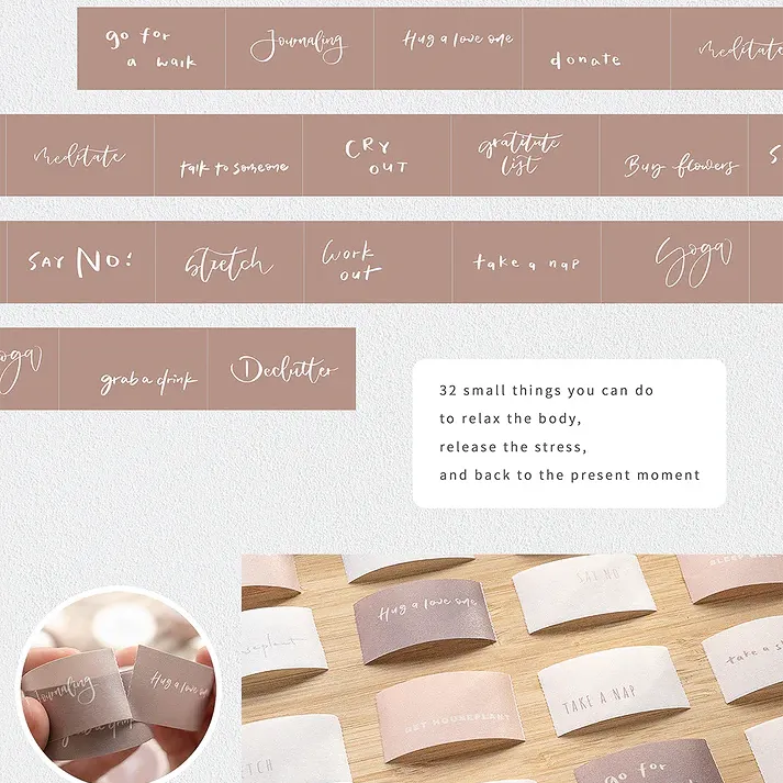 Set of small affirmation card designs from the Healer Washi Tape laid out on a white background