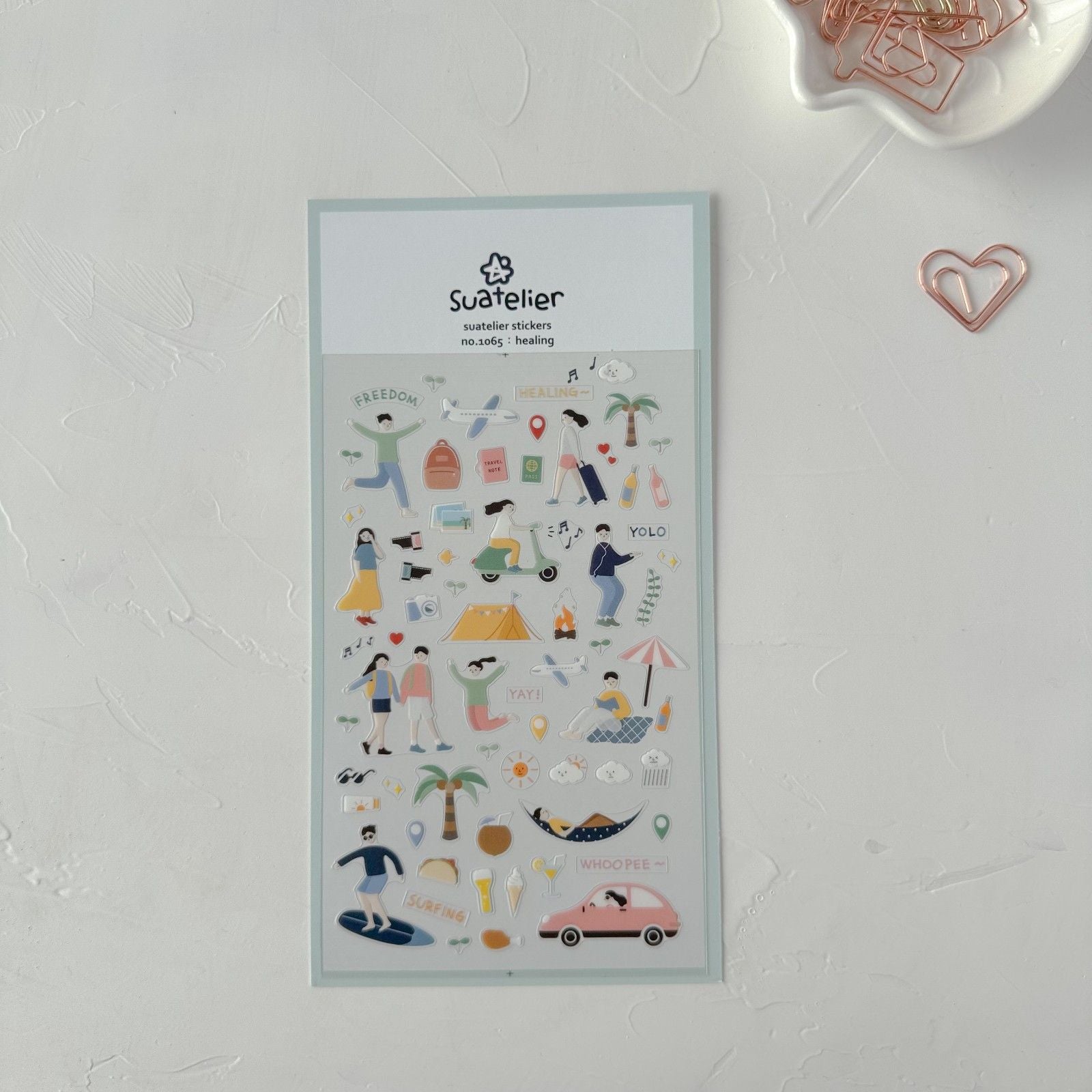 Healing Sticker Sheet by Suatelier, decorative stickers with illustrations on a light grey background