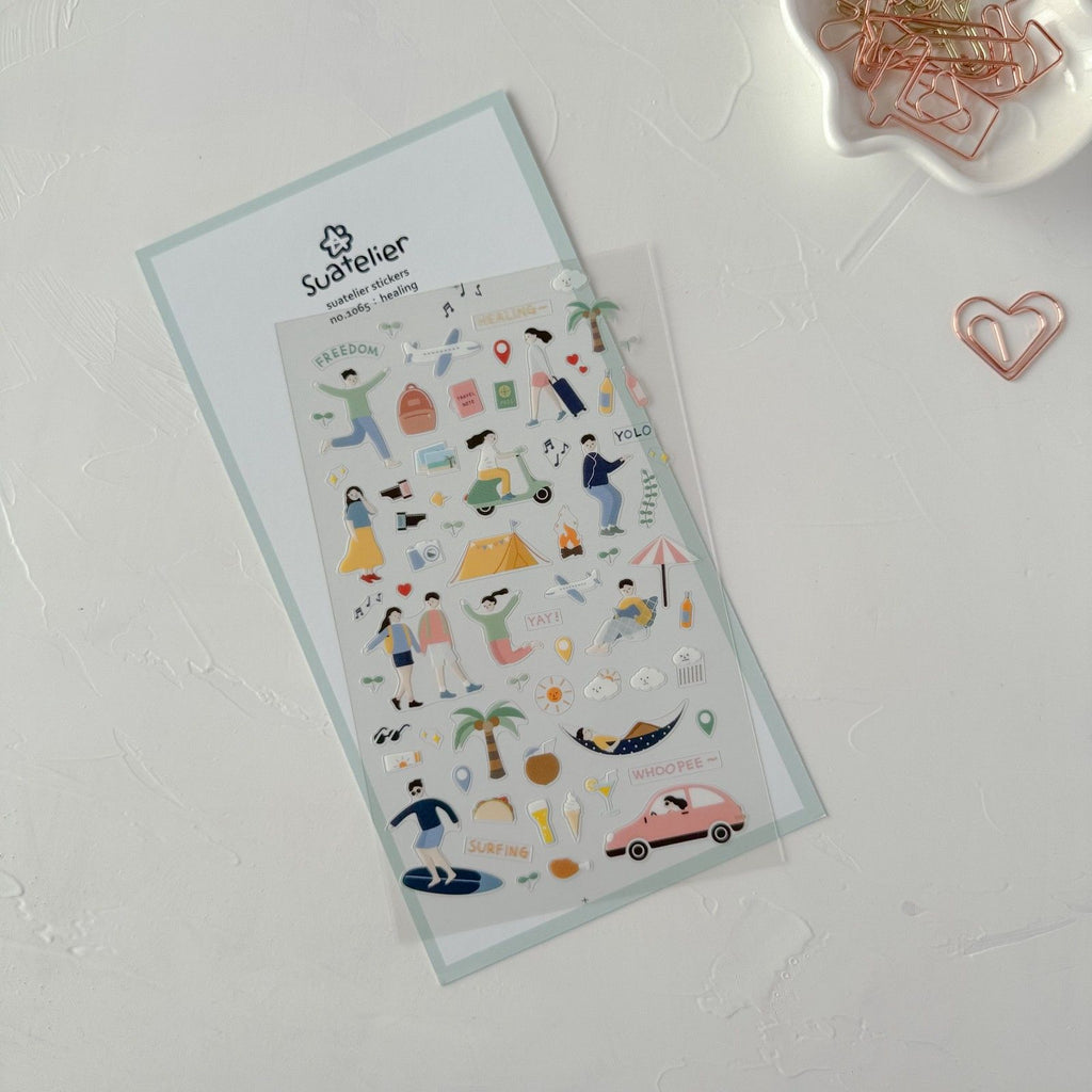 Sheet of decorative stickers with illustrations on a white surface, featuring the brand 'Suofelier'.