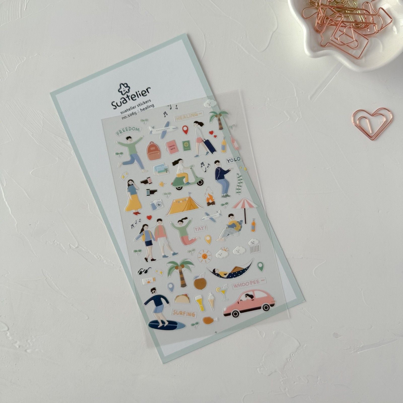Sheet of decorative stickers with illustrations on a white surface, from the Healing Sticker Sheet