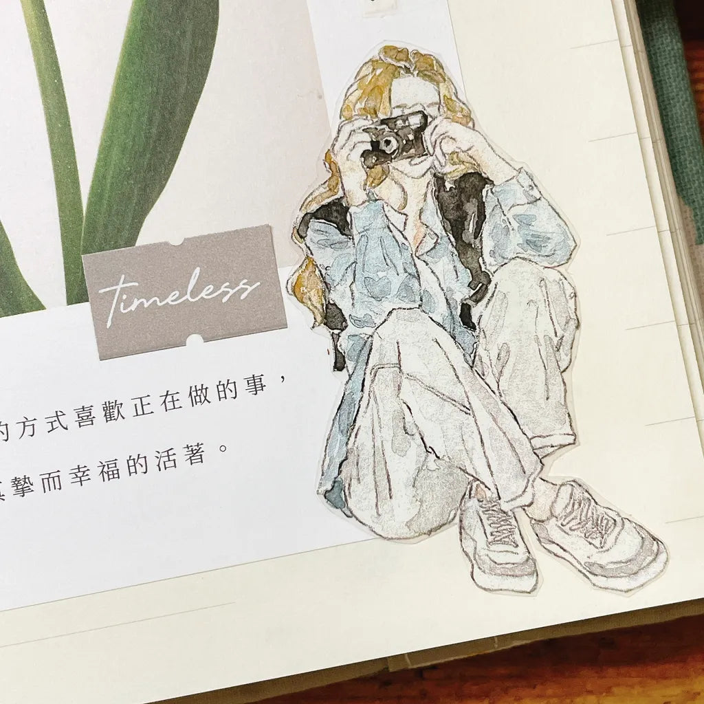 Heart Words Label Sticker Tape camera-and-leaves illustration styled on an open book page