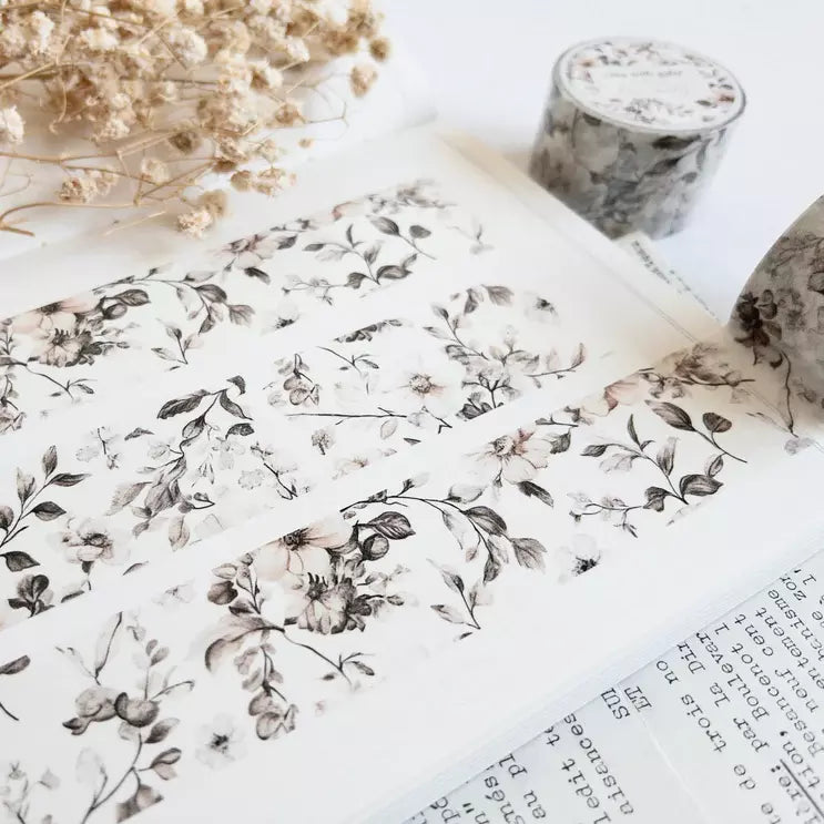 Floral Homebody Washi Tape pattern laid with dried flowers on a white surface, styled detail view