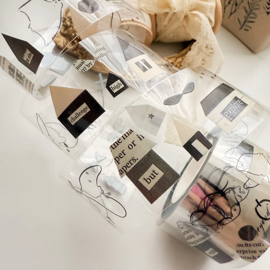 Clear packaging with black text and graphics on a white surface