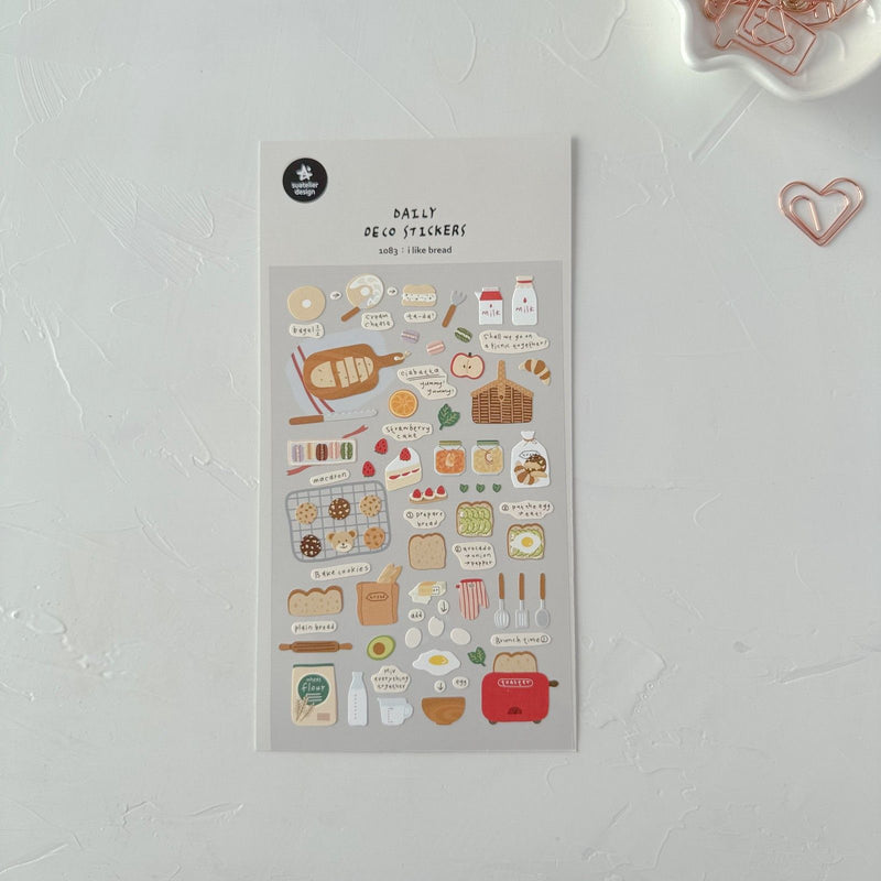 I Like Bread Sticker Sheet by Suatelier, food-themed stickers on a light grey background