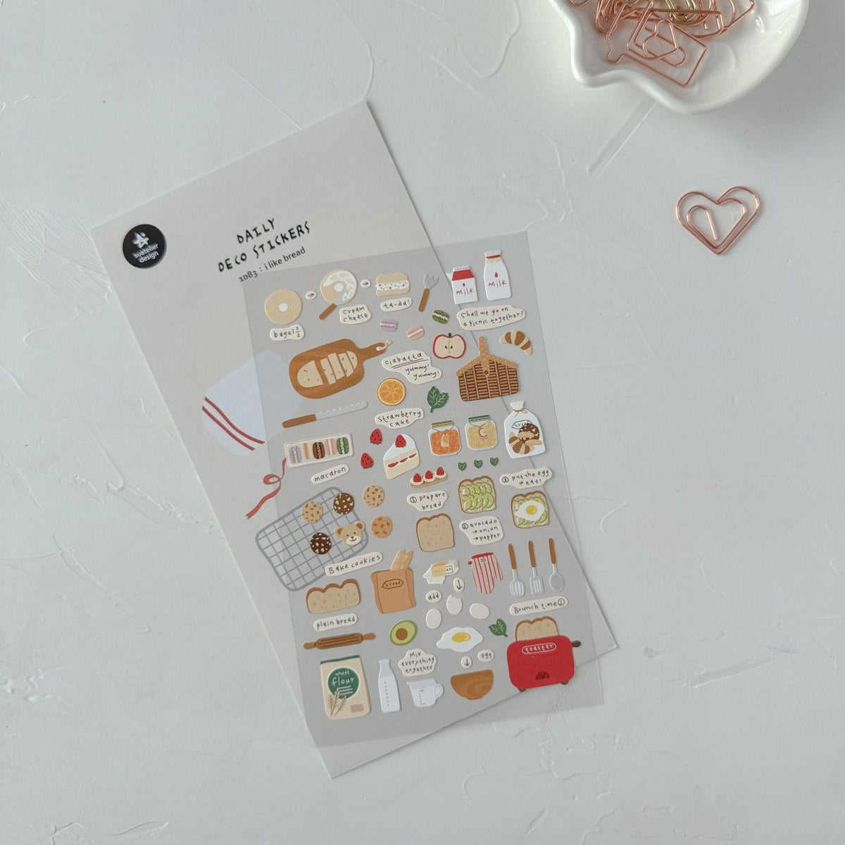 Sheet of food-themed stickers on a white surface, from the I Like Bread Sticker Sheet