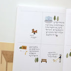 Illustrated pages with characters and objects on a white background