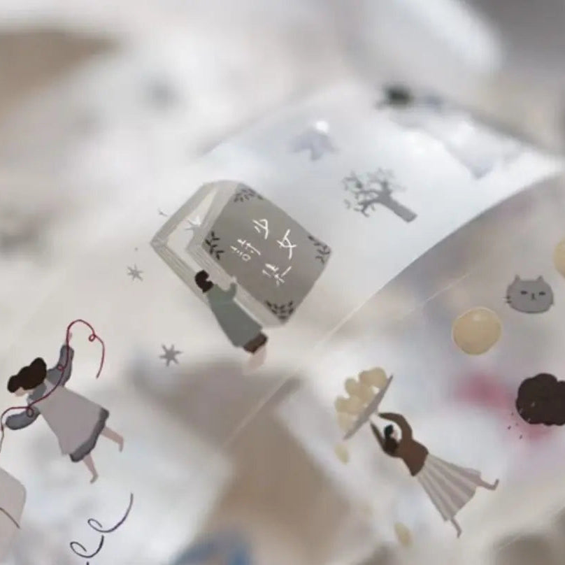 Girls Poetry PET Tape character motifs on transparent release paper, overhead detail view