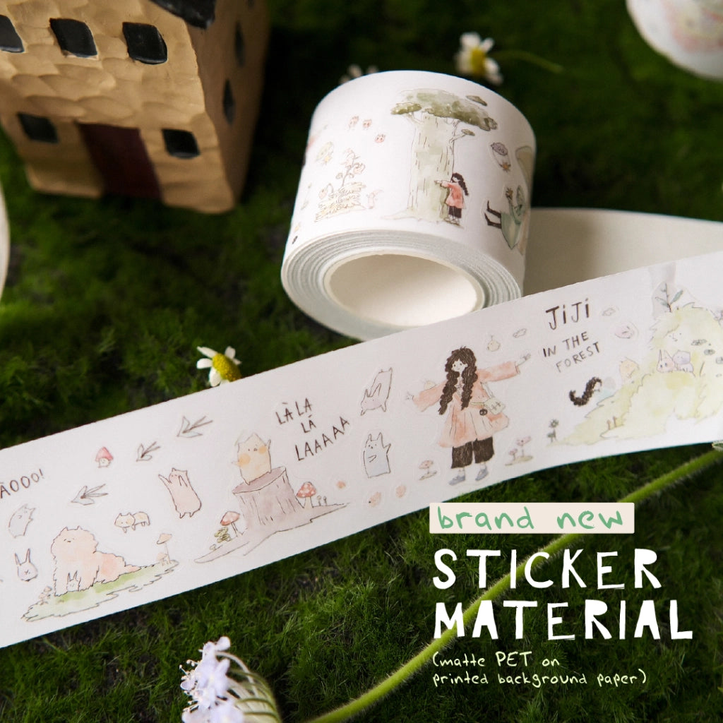 Roll of sticker material with illustrations on a grassy background