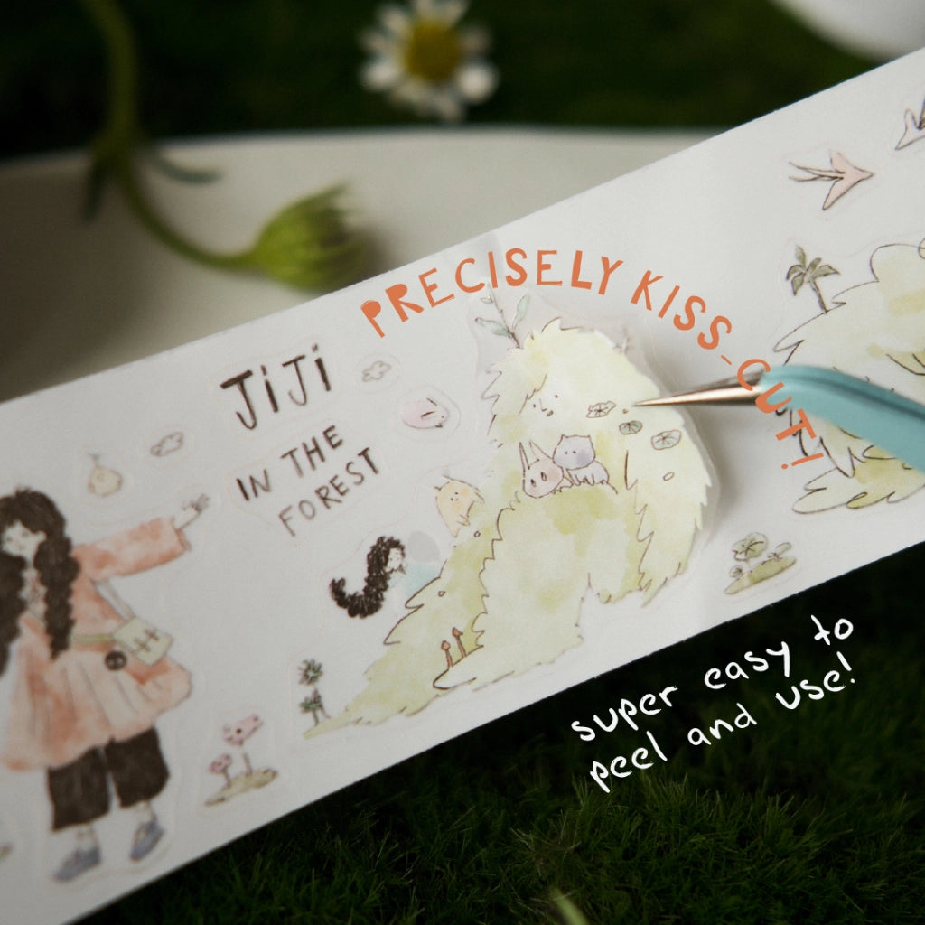 Washi tape with illustrations and text on a grassy background