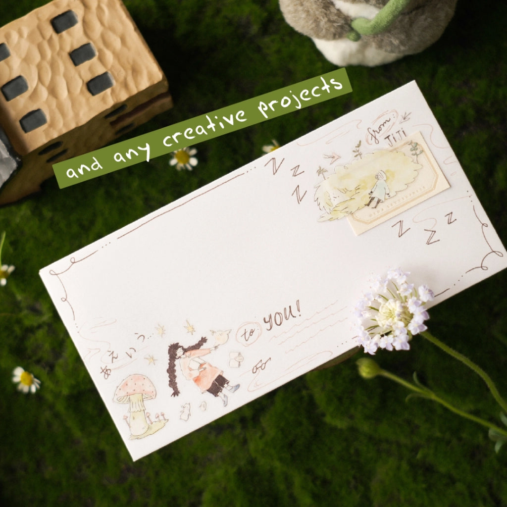 Decorative paper with illustrations on a grassy background