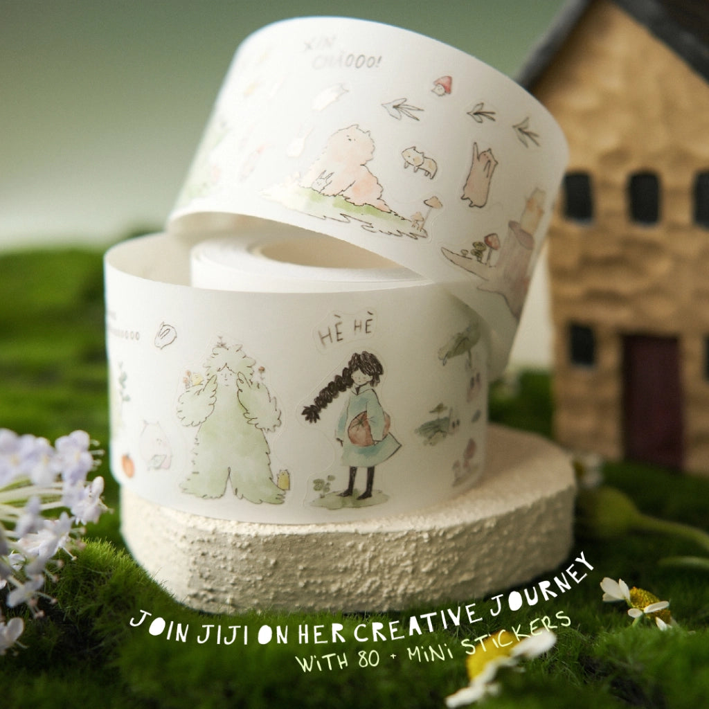 Roll of stickers with illustrations on a grassy background