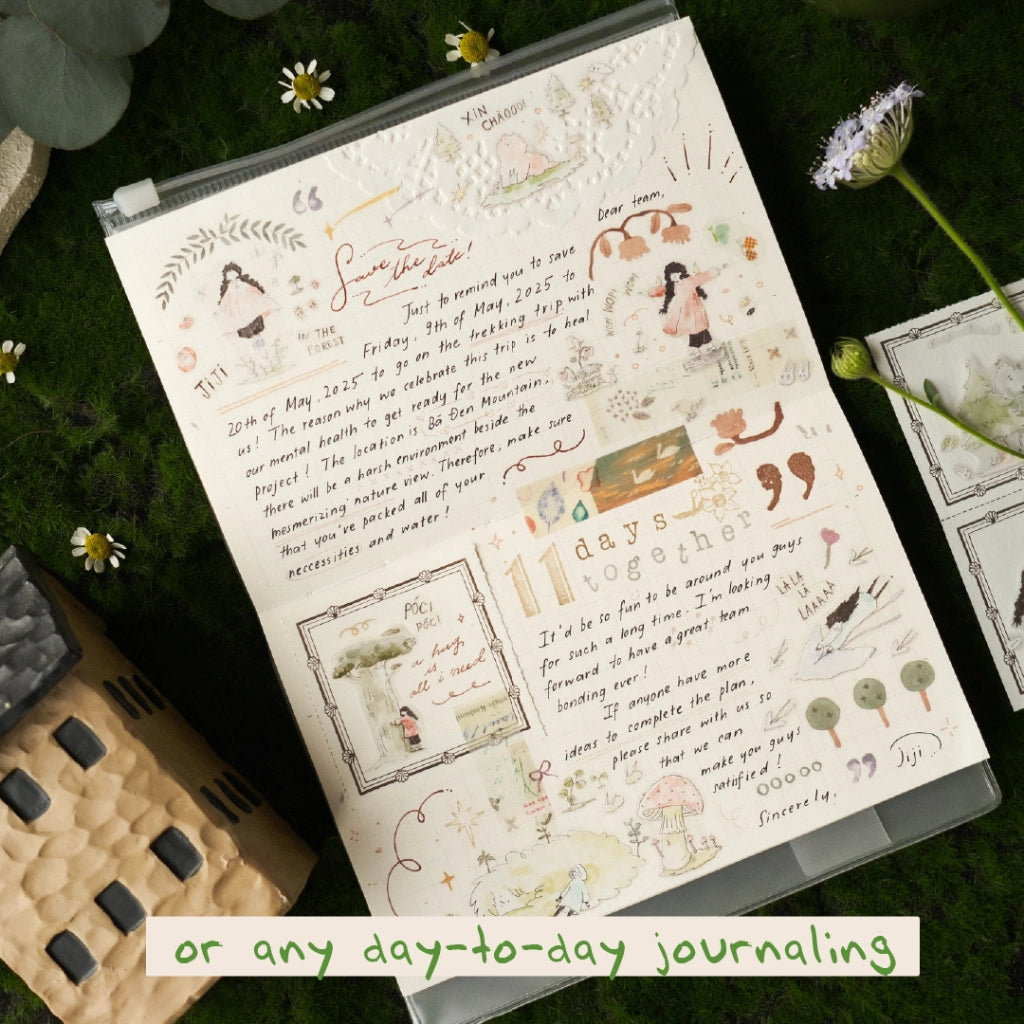 Journal with decorative pages on a grassy background