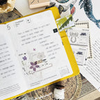 Open planner with decorative elements on a surface