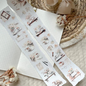 Journaling PET Tape by ArtStudioLea with floral and table-setting illustrations on a textured surface