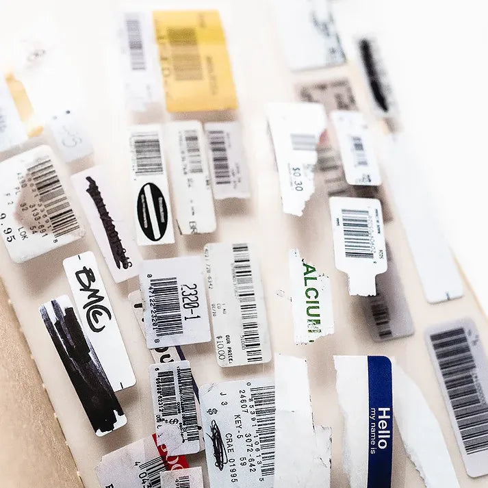 Collection of various labels with barcodes and text on a white background