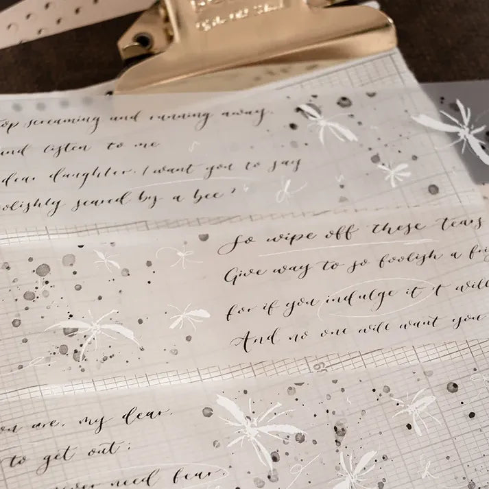 Sheet of Butterfly PET Tape showing butterflies and script text styled on a clipboard, overhead view