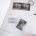 Sheet of paper with black and white photos and text on a white background