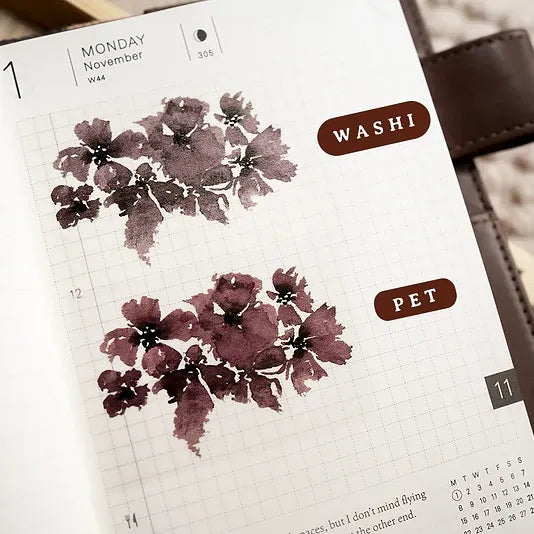 Floral washi tape on a planner page with 'Washi' and 'Pet' labels.