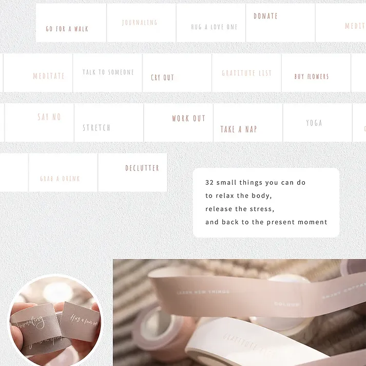 Sheet with relaxation activities and a close-up of ribbons with text on a light background