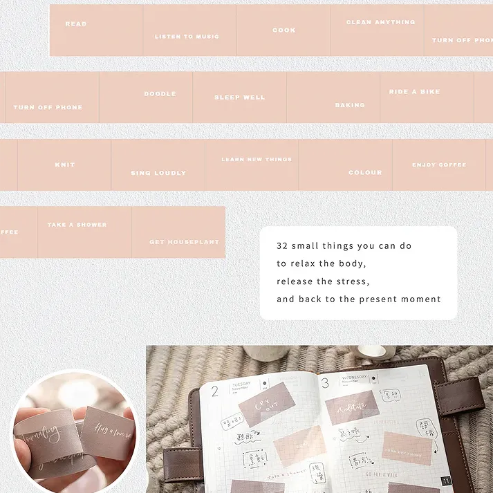 Healer Washi Tape packaging with affirmation stickers and a notebook styled on a textured surface
