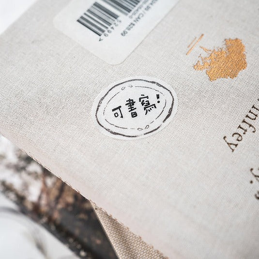 Close-up of a Label Washi Tape label with text and logo detail applied on a textured surface