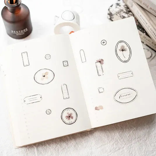 Label Washi Tape bottle-sketch designs on white with a bottle and books in the soft background