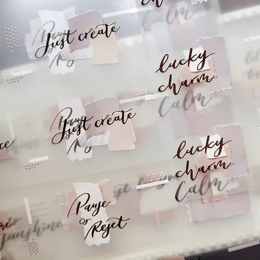 Collage of transparent Latte PET Tape sticker phrases in soft milky tones on a light background