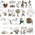 Illustrated pattern with people, animals, and nature elements on a white background.