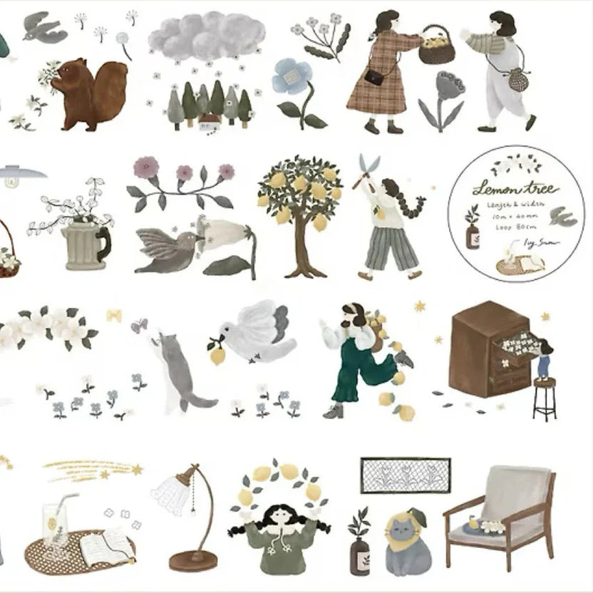 Full Lemon Tree PET Tape pattern with people, animals and nature elements, overhead styled view
