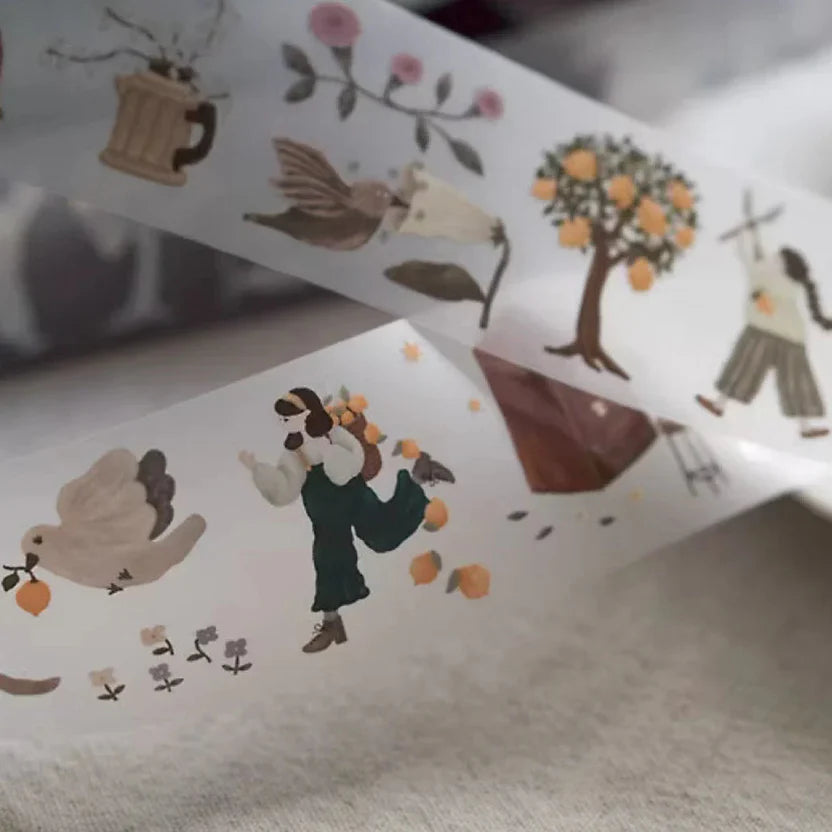 Sheet of Lemon Tree PET Tape illustrations of people, trees and birds on a white background