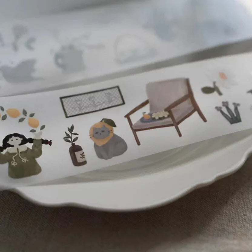 Lemon Tree PET Tape by Ivy Snow border strip with a girl, cat, chair and plants on a white surface