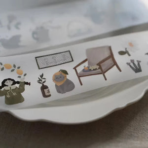 Lemon Tree PET Tape by Ivy Snow border strip with a girl, cat, chair and plants on a white surface