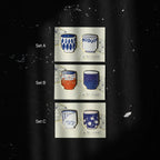 Three sets of ceramic cups with different designs on a black background