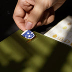 Hand holding a green leather product with a blue and white floral emblem, blurred background