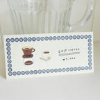 Card with a coffee-themed design and text on a white background