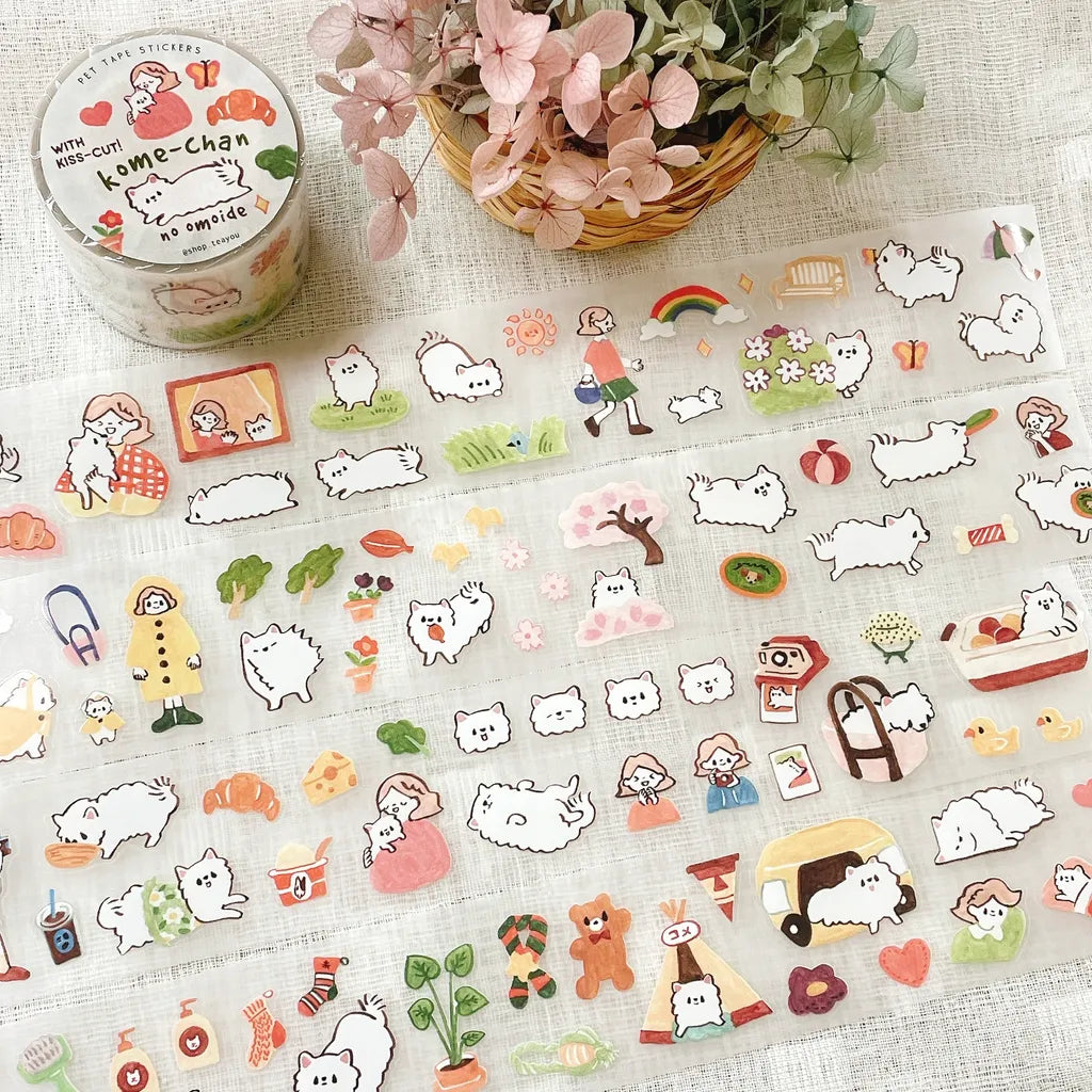 Kome-Chan Cut PET Tape fluffy white dog, rainbow and butterfly stickers on floral backdrop