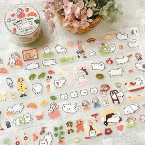 Kome-Chan Cut PET Tape fluffy white dog, rainbow and butterfly stickers on floral backdrop