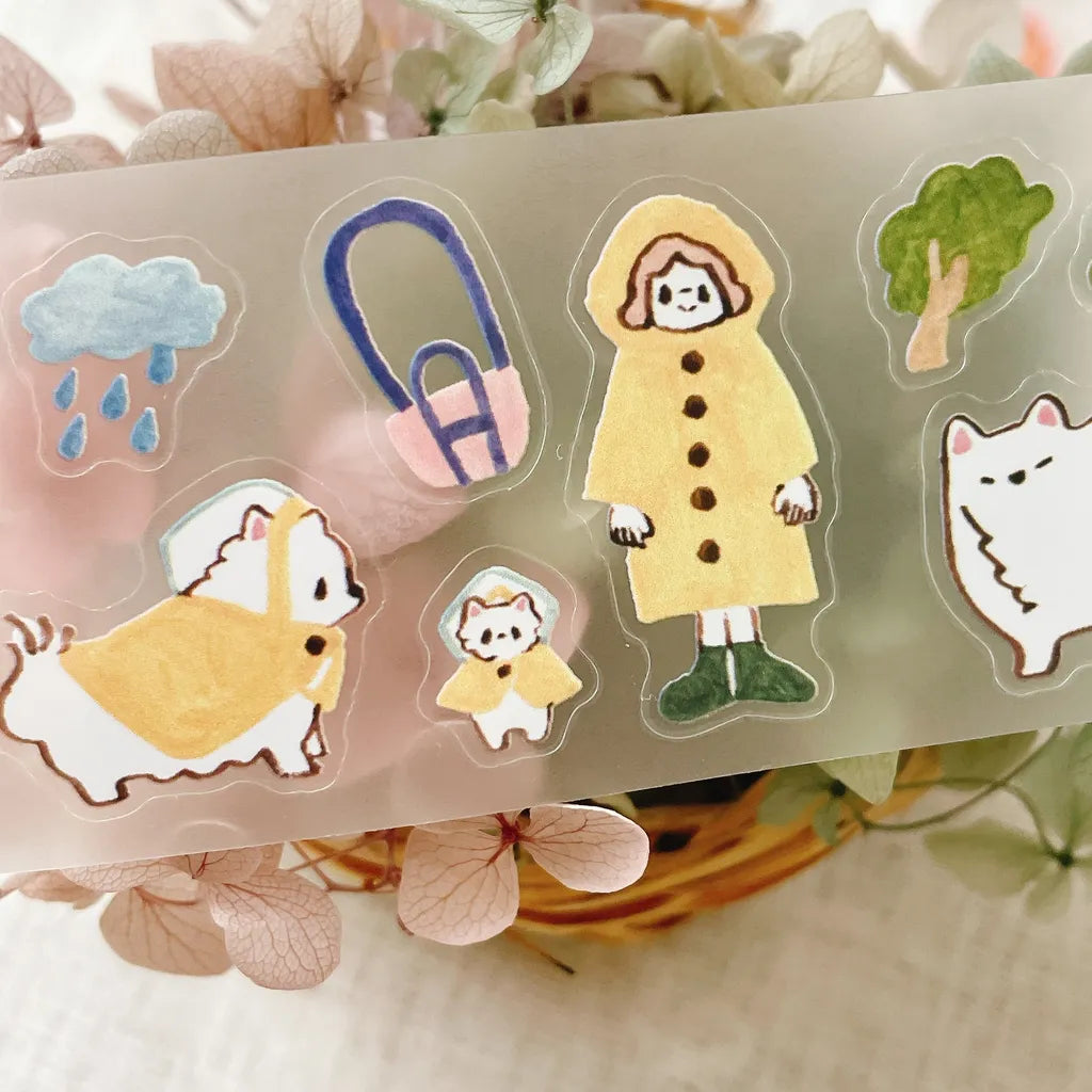 Kome-Chan Cut PET Tape white dog in a tent and camper van stickers in warm tones