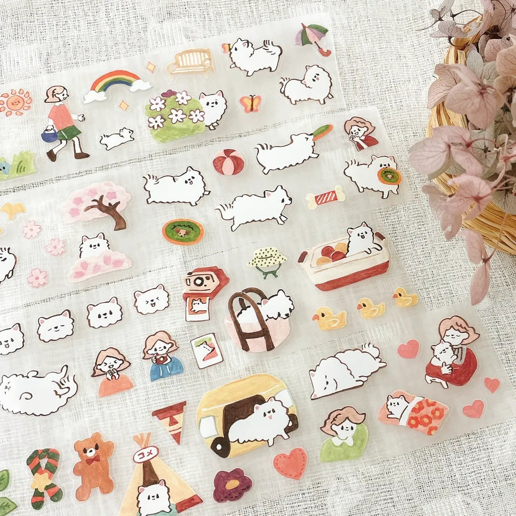 Full spread of Kome-Chan Cut PET Tape dog, girl, food and plant stickers on fabric