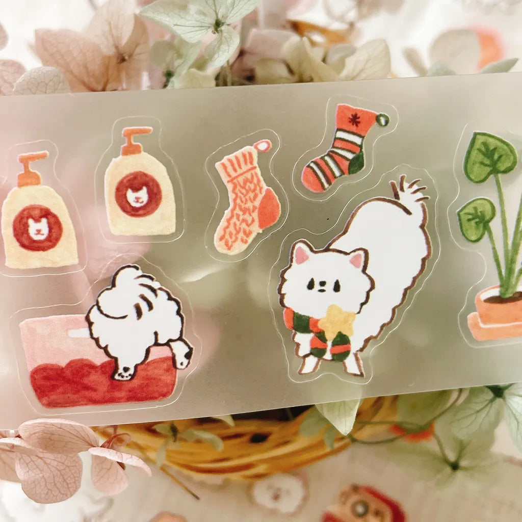 Wide layout of Kome-Chan Cut PET Tape strips with playful dogs and daily life scenes
