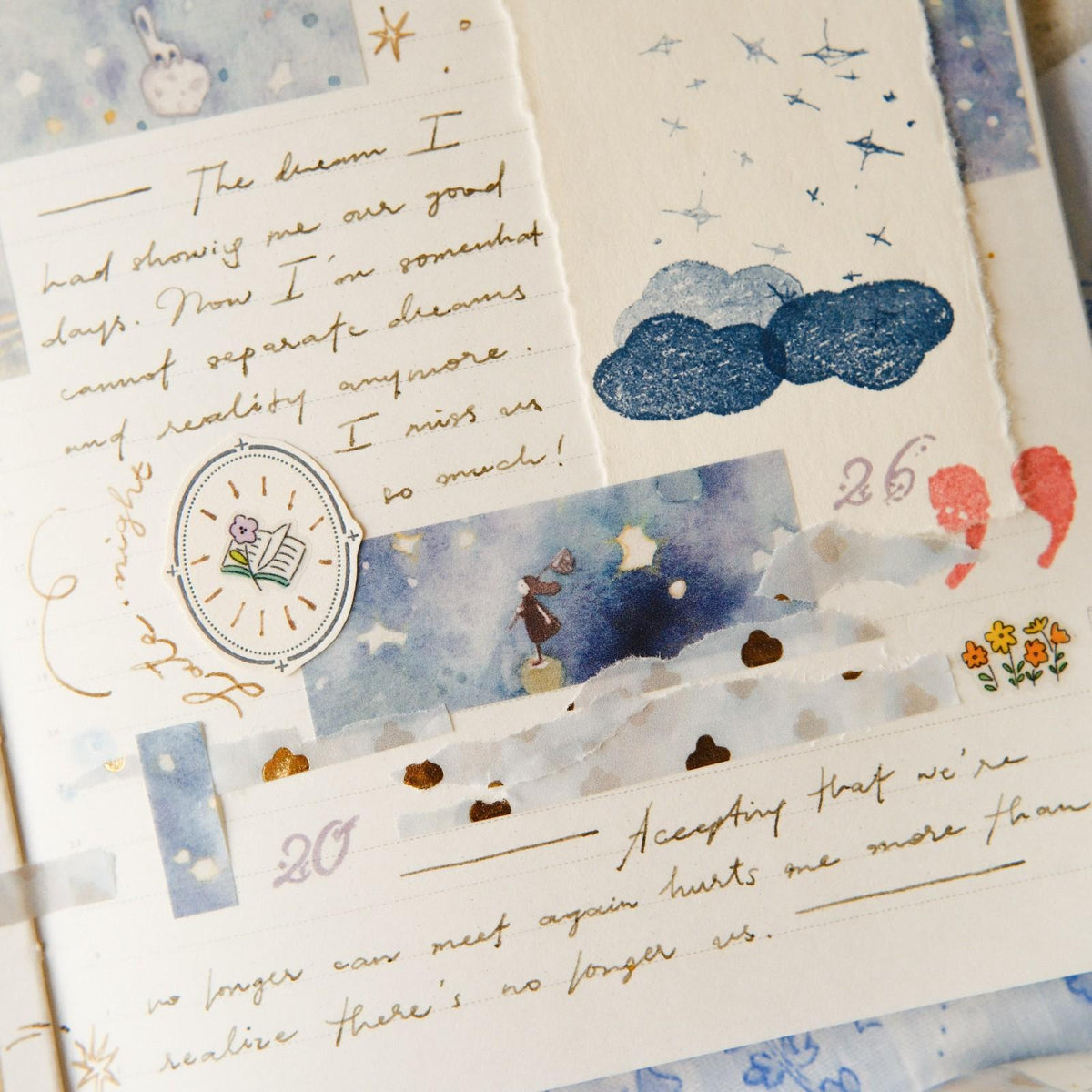 Decorative paper with handwritten text, illustrations, and a stamp.
