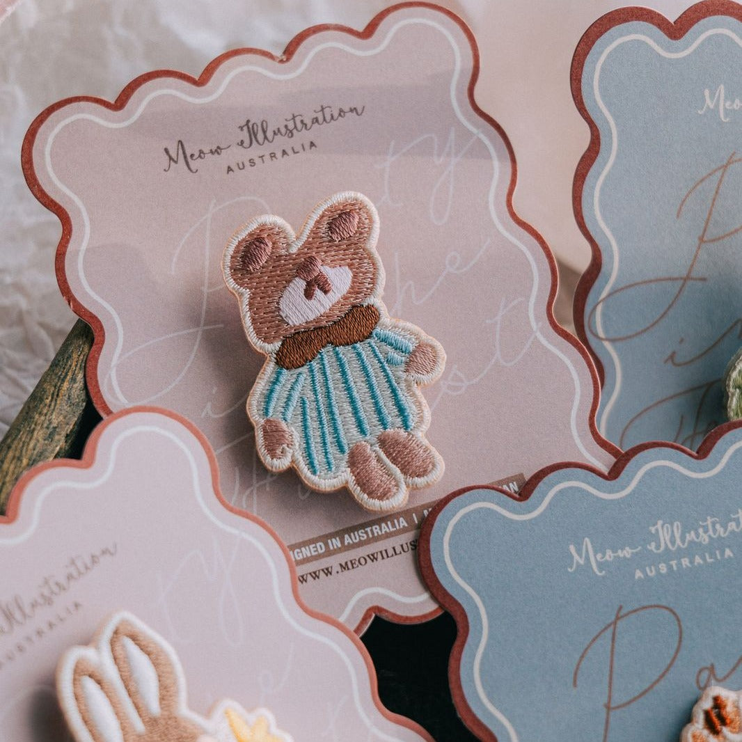 Sleepy Pajama Bear Embroidered Pins